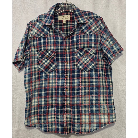 Ryan Michael Other - Ryan Michael Mens Indigo Acid Wash Plaid Western Short Sleeve Snap Shirt M
